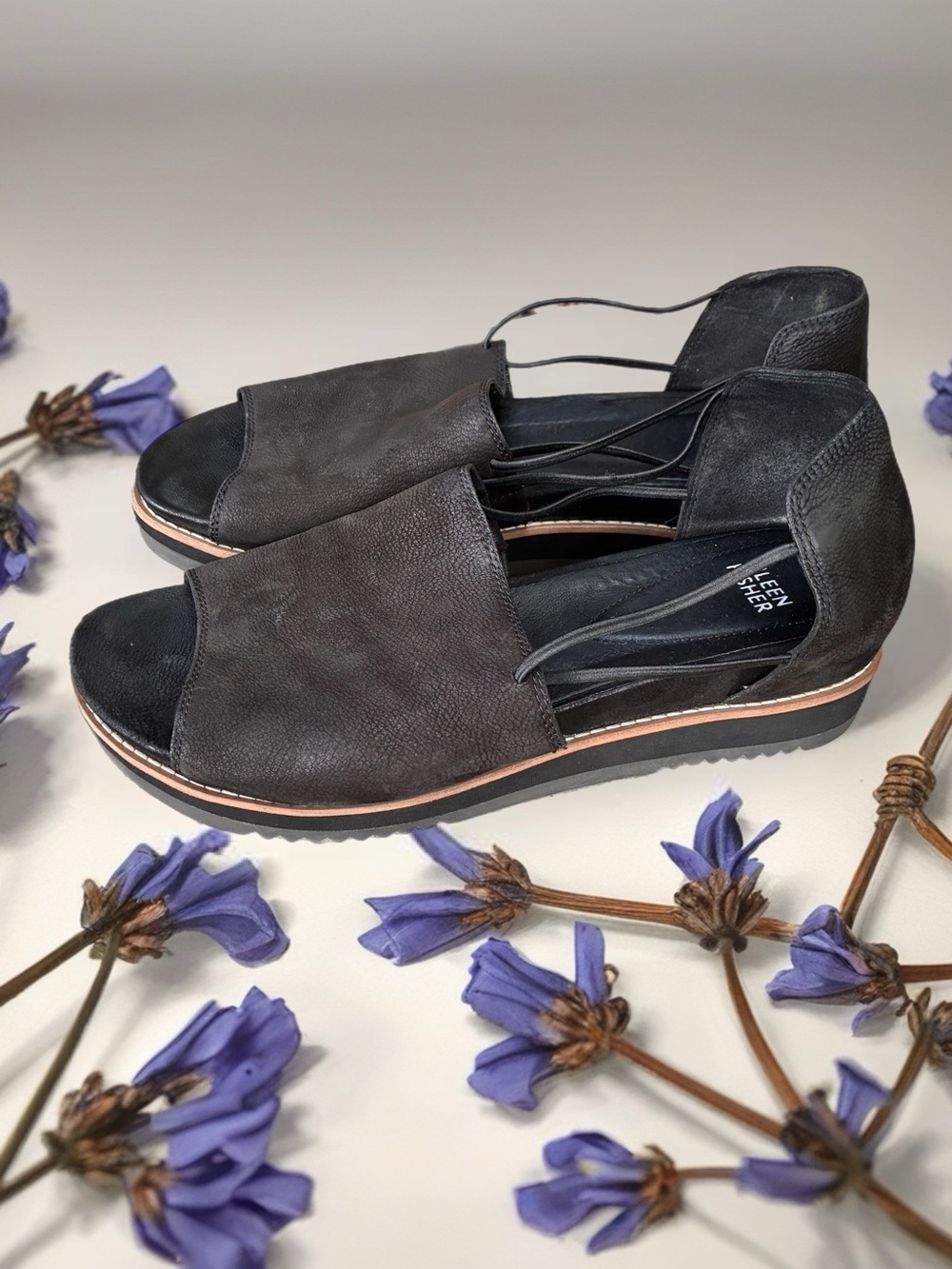 Eileen Fisher Black Leather Open-Toe Slingback Sandals
